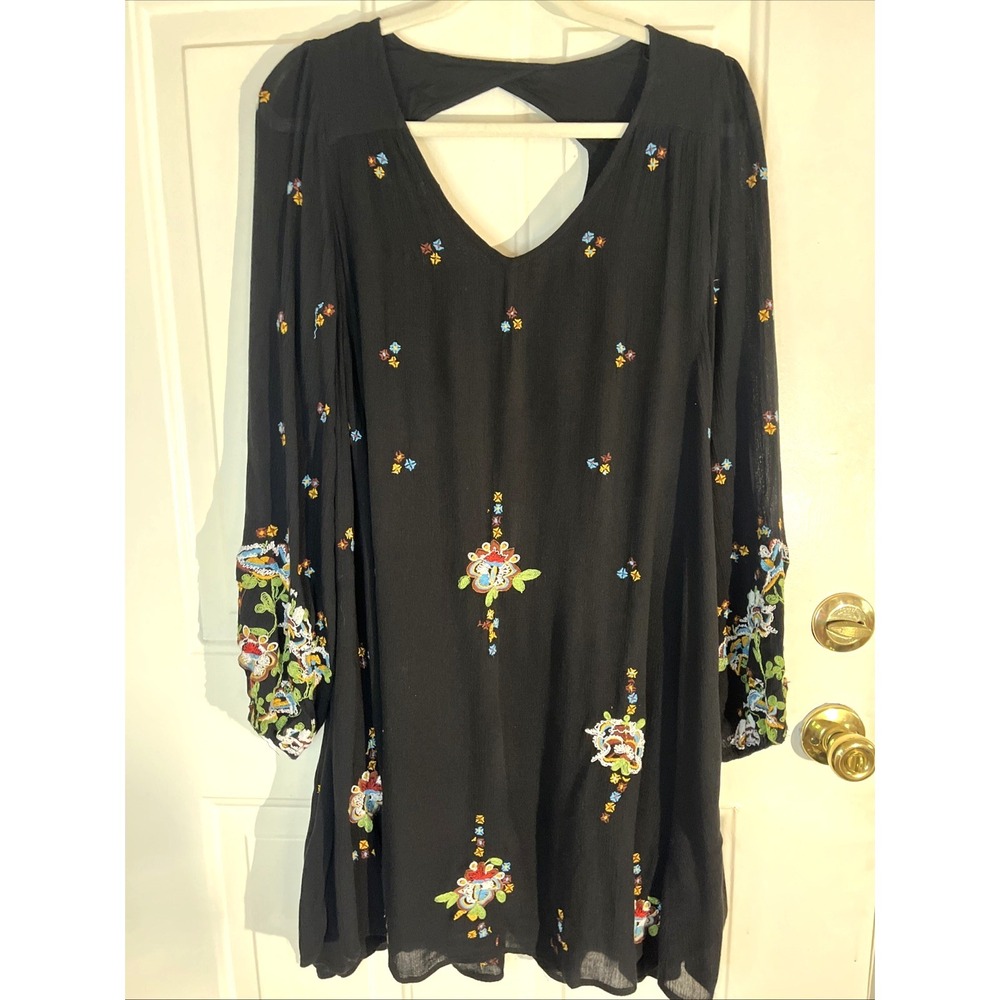 Free People Oxford Black Embroidered Long Sleeve Swing Dress Size S/P Gauzy Boho
